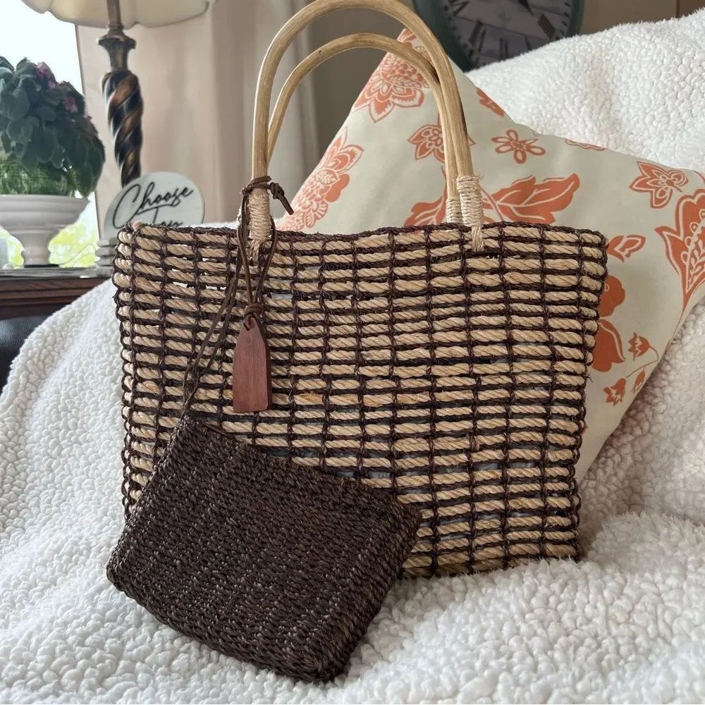 Indeed Straw Rope Bamboo Brown Mushroom Tan Beach Bag Purse Extra Mini Bag